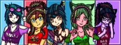 Size: 7000x2601 | Tagged: safe, artist:takrontoxicity, dj pon-3, indigo zap, lemon zest, sci-twi, sunset shimmer, twilight sparkle, vinyl scratch, human, equestria girls, g4, cat ears, female