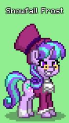 Size: 528x936 | Tagged: safe, snowfall frost, starlight glimmer, pony, pony town, a hearth's warming tail, g4, clothes, coat, glasses, green background, hat, simple background, socks, solo