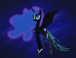 Size: 1300x1000 | Tagged: safe, artist:t3zz, nightmare moon, queen chrysalis, alicorn, changeling, pony, g4, character to character, nightmare chrysalis, nightmarified, solo, transformation