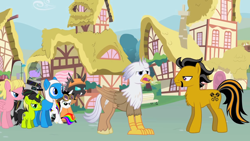 Size: 1280x721 | Tagged: safe, artist:mlp-silver-quill, oc, oc:camgoespony, oc:dusty katt, oc:finn the pony, oc:lightning bliss, oc:robin, oc:silver quill, oc:sketchy, oc:sweetie bloom, pony, after the fact, after the fact:slice of life, finn the pony is not amused, lightning bliss is not amused, ponyville, robin is not amused, sketchy is not amused, sweetie bloom is not amused, unamused