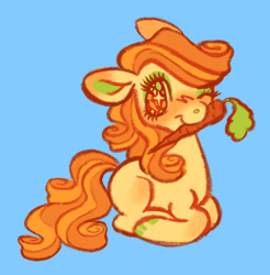 Size: 1280x1301 | Tagged: safe, artist:peaceandlove26, carrot top, golden harvest, earth pony, pony, g4, blue background, carrot, eyestrain warning, food, herbivore, simple background, solo