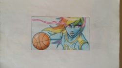 Size: 1920x1080 | Tagged: safe, artist:mrbojorquez7, rainbow dash, human, equestria girls, g4, basketball, female, solo, sports, traditional art