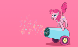 Size: 6000x3650 | Tagged: safe, artist:nonameorous, pinkie pie, earth pony, pony, g4, absurd resolution, confetti, female, looking up, open mouth, party cannon, pink background, simple background, solo