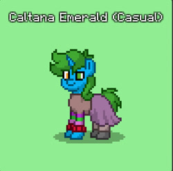 Size: 844x832 | Tagged: safe, oc, oc only, oc:caltana emerald, pony, unicorn, clothes, green background, heterochromia, horn, simple background, skirt, solo, sweater, unicorn oc