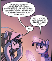 Size: 399x465 | Tagged: safe, artist:tonyfleecs, idw, official comic, shadow lock, twilight sparkle, alicorn, pony, unicorn, from the shadows, g4, spoiler:comic53, cloak, clothes, dialogue, duo, female, glowing, glowing horn, horn, levitation, magic, male, mare, scroll, speech bubble, stallion, telekinesis, twilight sparkle (alicorn)