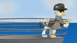 Size: 1920x1080 | Tagged: safe, artist:puginpocket, oc, oc only, griffon, clothes, cloud, cloudy, griffon oc, hat, male, military uniform, ocean, ship, sky, solo, standing, uniform, water