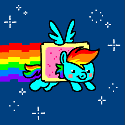 Size: 863x863 | Tagged: safe, artist:msponies, rainbow dash, food pony, pegasus, pony, g4, blush sticker, blushing, contrail, dot eyes, flying, food, ms paint, nyan cat, nyan dash, ponified, poptart, rainbow trail, smiling, solo, sparkles, spread wings, tail, wings