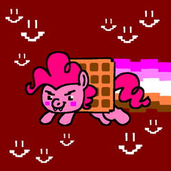 Size: 863x863 | Tagged: safe, artist:msponies, pinkie pie, earth pony, food pony, pony, g4, contrail, dot eyes, fangs, flying, food, ms paint, nyan cat, ponified, smiley face, smiling, solo, tail, waffle