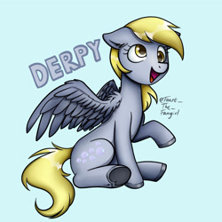 Size: 1902x1902 | Tagged: safe, artist:toastpone, artist:toastslayermlp, derpy hooves, pegasus, pony, g4, blue background, female, simple background, sitting, solo, wings