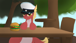 Size: 1920x1080 | Tagged: safe, artist:puginpocket, oc, oc only, oc:posada, pony, seapony (g4), equestria at war mod, burger, chair, clothes, female, food, hat, military uniform, sitting, sky, solo, table, tree, uniform