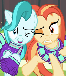 Size: 808x926 | Tagged: safe, screencap, lighthoof, shimmy shake, earth pony, pony, 2 4 6 greaaat, g4, season 9, bonk, buckball court, buckball field, cheerleader, cheerleader outfit, clothes, cropped, duo, duo female, eyeshadow, female, grimace, looking at you, makeup, mare, one eye closed, ouch, pom pom