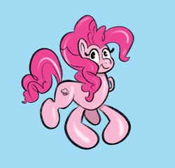 Size: 1275x1224 | Tagged: safe, artist:amynewblue, pinkie pie, inflatable pony, pony, pooltoy pony, g4, air nozzle, blue background, doll, dollified, female, handles, inanimate tf, inflatable, mare, pac-man eyes, simple background, smiling, solo, transformation