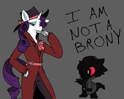 Size: 649x516 | Tagged: safe, artist:xportbob, rarity, oc, unicorn, anthro, g4, clothes, coat, cravat, detective rarity, eyeshadow, hat, looking at you, makeup, pants