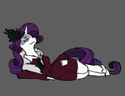 Size: 450x345 | Tagged: safe, artist:xportbob, rarity, unicorn, anthro, unguligrade anthro, g4, clothes, detective rarity, eyeshadow, flower, flower in hair, looking at you, lying down, makeup, necktie, on side, shirt, skirt, solo, suit, unshorn fetlocks, veil