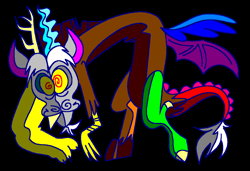 Size: 1316x900 | Tagged: safe, artist:msponies, discord, draconequus, discord (eurobeat brony), g4, art parody, black background, fangs, horns, male, ms paint, pun, simple background, solo, spread wings, swirly eyes, tail, visual pun, wings