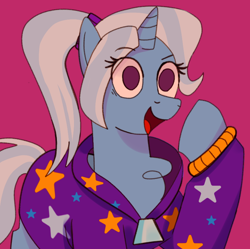 Size: 804x800 | Tagged: safe, artist:nonameorous, trixie, pony, unicorn, g4, alternate hairstyle, babysitter trixie, chest fluff, clothes, female, gameloft interpretation, hoodie, jacket, looking at you, mare, no pupils, open mouth, pigtails, pink background, ponytail, purple background, raised hoof, simple background, solo