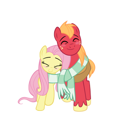 Size: 2250x2250 | Tagged: safe, anonymous artist, big macintosh, fluttershy, earth pony, pegasus, pony, g4, the perfect pear, blushing, clothes, cute, duo, eyes closed, female, high res, macabetes, male, mare, nuzzling, scarf, shared clothing, shared scarf, ship:fluttermac, shipping, shyabetes, simple background, smiling, stallion, straight, striped scarf, transparent background, vector, walking