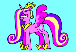 Size: 1316x900 | Tagged: safe, artist:msponies, princess cadance, alicorn, pony, g4, crown, female, hoof shoes, jewelry, lidded eyes, mare, ms paint, peytral, princess shoes, regalia, simple background, smiling, solo, spread wings, tail, teal background, wings