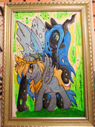 Size: 1280x1707 | Tagged: safe, artist:lightdragon1988, derpy hooves, queen chrysalis, changeling, changeling queen, pegasus, pony, g4, cross stitch, duo, female, irl, photo, traditional art