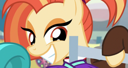 Size: 863x462 | Tagged: safe, screencap, lighthoof, shimmy shake, earth pony, pony, 2 4 6 greaaat, g4, season 9, cheerleader, cheerleader outfit, clothes, cropped, cute, eyeshadow, female, grin, lidded eyes, makeup, mare, offscreen character, shakeabetes, smiling, solo focus, wide grin