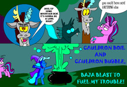 Size: 1316x900 | Tagged: safe, artist:msponies, discord, starlight glimmer, thorax, trixie, changeling, draconequus, pony, unicorn, g4, to where and back again, bipedal, cape, cauldron, clothes, comic, dialogue, dot eyes, enchantment, female, hat, horns, lidded eyes, looking at you, male, mare, ms paint, open mouth, outdoors, reformed four, speech bubble, spread wings, tail, trixie's cape, trixie's hat, turned head, wings
