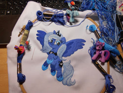 Size: 1280x960 | Tagged: safe, artist:lightdragon1988, apple bloom, princess luna, rainbow dash, scootaloo, sweetie belle, twilight sparkle, alicorn, earth pony, pegasus, pony, unicorn, g4, cross stitch, daily deviation, female, horn, irl, photo, toy, traditional art