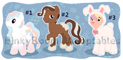 Size: 1386x682 | Tagged: safe, artist:binkyroom, oc, pegasus, pony, unicorn, adoptable, ambiguous gender, chocolate, clothes, costume, cute, easter, food, group, holiday, pastel, ribbon, trio