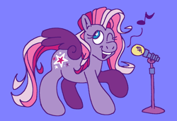 Size: 1316x900 | Tagged: safe, artist:msponies, starsong, pegasus, pony, g3, blue background, female, mare, microphone, ms paint, music notes, one eye closed, open mouth, open smile, raised hoof, requested art, simple background, singing, smiling, solo, spread wings, starry eyes, tail, wingding eyes, wings