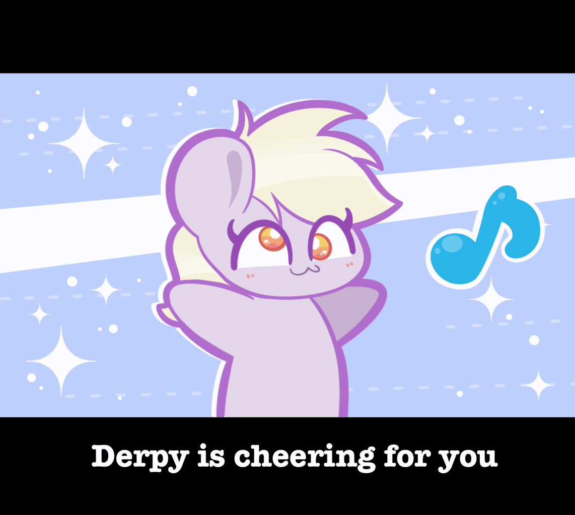 [:3,animated,blushing,chibi,cute,derpy hooves,music notes,pegasus,pony,safe,solo,sparkles,letterboxing,derpabetes,abstract background,positive ponies,blush sticker,artist:typhwosion,colored pupils]