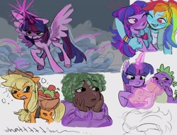 Size: 3000x2300 | Tagged: safe, artist:dulcesilly, rainbow dash, spike, twilight sparkle, alicorn, dragon, earth pony, human, pegasus, pony, equestria girls, g4, apple, apple basket, arm around neck, art dump, cheek squish, dark skin, fangs, female, food, glowing, glowing horn, high res, horn, humanized, magic, male, mare, one eye closed, scroll, simple background, spread wings, squishy cheeks, twilight sparkle (alicorn), white background, wings
