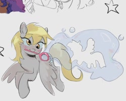 Size: 1516x1213 | Tagged: safe, artist:dulcesilly, derpy hooves, pegasus, pony, g4, blowing bubbles, blushing, bubble wand, cute, derpabetes, female, mare, mouth hold, offscreen character, simple background, solo focus, white background