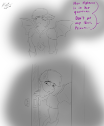 Size: 2500x3000 | Tagged: safe, artist:astrum, oc, oc only, bat pony, anthro, armor, blushing, comic, dialogue, digital art, door, floppy ears, high res, looking up, male oc, nervous, offscreen character, part of a series, royal guard, scared, sketch, spread wings, sweat, sweating profusely, wide eyes, wings