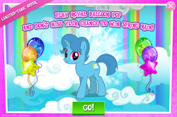 Size: 1960x1298 | Tagged: safe, gameloft, spring rain, pony, unicorn, g4, my little pony: magic princess, advertisement, balloon, balloon pop, cloud, english, female, horn, mare, mobile game, rainbow waterfall, show accurate, solo, text