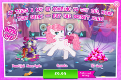 Size: 1965x1300 | Tagged: safe, gameloft, snuzzle, earth pony, pony, g1, g4, my little pony: magic princess, advertisement, bow, costs real money, english, female, gem, introduction card, mannequin, mare, mobile game, numbers, sale, solo, tail, tail bow, text, wig