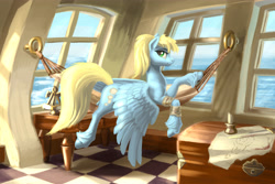Size: 6000x4000 | Tagged: safe, artist:kirillk, oc, oc only, oc:steam cloud, pegasus, pony, boat, candle, female, hammock, lying down, map, mare, ocean, painting, scenery, sextant, ship, solo, unshorn fetlocks, water