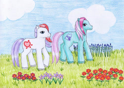 Size: 1104x784 | Tagged: safe, artist:normaleeinsane, secret tale, sugar belle (g2), earth pony, pony, g2, cloud, duo, duo female, female, flower, grass, grass field, outdoors, smiling, tail, unshorn fetlocks