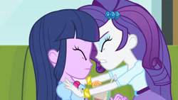 Size: 3072x1727 | Tagged: safe, screencap, rarity, twilight sparkle, human, equestria girls, g4, my little pony equestria girls: rainbow rocks, duo, duo female, eyes closed, female, frown, hairpin, milkshake