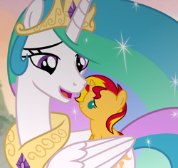 Size: 6012x5664 | Tagged: safe, artist:emeraldblast63, princess celestia, sunset shimmer, alicorn, pony, unicorn, comic:the tale of two sunsets, g4, absurd resolution, baby, baby pony, babyset shimmer, crown, cute, daaaaaaaaaaaw, duo, ethereal mane, ethereal tail, female, filly, filly sunset shimmer, foal, jewelry, looking at each other, looking at someone, mare, momlestia, regalia, shimmerbetes, tail, weapons-grade cute, younger