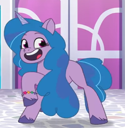 Size: 389x397 | Tagged: safe, screencap, izzy moonbow, pony, unicorn, clip trot, g5, my little pony: tell your tale, spoiler:g5, spoiler:my little pony: tell your tale, spoiler:tyts01e07, bracelet, cropped, crystal brighthouse, dancing, female, friendship bracelet, jewelry, looking at something, mare, open mouth, open smile, raised hoof, silly, smiling, solo, unshorn fetlocks