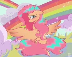 Size: 1368x1074 | Tagged: safe, artist:petaltwinkle, fluttershy, pegasus, pony, g4, blushing, cute, female, looking at you, looking back, looking back at you, mare, rainbow, shyabetes, sitting, smiling, smiling at you, solo, spread wings, wings