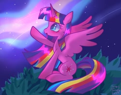 Size: 1368x1074 | Tagged: safe, artist:petaltwinkle, twilight sparkle, alicorn, pony, g4, aurora borealis, female, long mane, looking up, mare, night, open mouth, open smile, sitting, smiling, solo, spread wings, tail, twilight sparkle (alicorn), wings