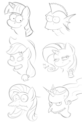 Size: 2160x3263 | Tagged: safe, artist:mightymetalk9, applejack, fluttershy, princess celestia, rarity, spike, twilight sparkle, alicorn, dragon, earth pony, pegasus, pony, unicorn, g4, bald, cursed image, female, grayscale, hans moleman, high res, male, mare, monochrome, mr. burns, simple background, sketch, smiling, the simpsons, white background