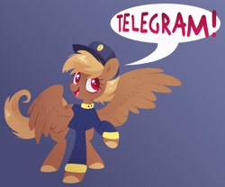 Size: 2048x1702 | Tagged: safe, artist:glowfangs, swift reply, pegasus, pony, g4, blonde, blue background, clothes, female, hat, mare, meme, raised hoof, red eyes, simple background, speech bubble, spread wings, text, uniform, wings
