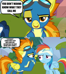 Size: 1279x1436 | Tagged: safe, edit, edited screencap, screencap, rainbow dash, spitfire, pegasus, pony, g4, my little pony: friendship is magic, newbie dash, season 6, comic, discovery family, discovery family logo, dreamworks face, duo, duo female, female, folded wings, frown, implied group sex, implied sex, implied threesome, logo, mare, open mouth, open smile, slutfire, smiling, speech bubble, spitfire's nickname, talking