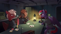 Size: 3601x2000 | Tagged: safe, artist:28gooddays, oc, oc only, pegasus, pony, fallout equestria, bottle, card game, enclave, happy, high res, lantern, open mouth, open smile, pegasus oc, playing card, poker, radio, smiling, trio