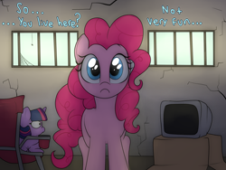 Size: 2400x1800 | Tagged: safe, artist:datte-before-dawn, pinkie pie, twilight sparkle, earth pony, pony, spider, unicorn, g4, :c, adoracreepy, cardboard box, chair, concerned, creepy, cute, diapinkes, female, frown, judging, looking at you, mare, offscreen character, sad, sadorable, spider web, squatpony, television, twiggie