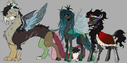 Size: 2139x1071 | Tagged: safe, artist:zowwyroo, discord, king sombra, queen chrysalis, changeling, changeling queen, draconequus, g4, chest fluff, cloven hooves, crown, curved horn, fluffy, gray background, horn, jewelry, leg fluff, redesign, regalia, simple background, tiara, trio
