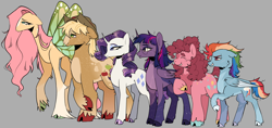 Size: 2906x1375 | Tagged: safe, artist:zowwyroo, applejack, fluttershy, pinkie pie, rainbow dash, rarity, twilight sparkle, alicorn, earth pony, pegasus, pony, unicorn, g4, alternate design, applejack's hat, butterfly wings, cheek fluff, cloven hooves, concave belly, countershading, cowboy hat, diverse body types, glasses, hat, height difference, long mane, mane six, physique difference, redesign, short tail, slender, smoldash, tail, tall, tallershy, thin, twilight sparkle (alicorn), unshorn fetlocks, wings