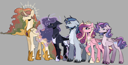 Size: 2548x1295 | Tagged: safe, artist:zowwyroo, princess cadance, princess celestia, princess flurry heart, princess luna, shining armor, alicorn, pony, unicorn, g4, alternate design, beard, chest fluff, cloven hooves, concave belly, curved horn, facial hair, folded wings, gray background, halo, height difference, hoof shoes, horn, horn ring, jewelry, male, older, older flurry heart, pale belly, physique difference, raised hoof, regalia, ring, simple background, slender, thin, tiara, trans male, transgender, unshorn fetlocks, wings