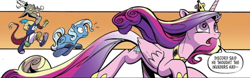 Size: 800x251 | Tagged: safe, artist:andy price, idw, discord, princess cadance, trixie, alicorn, draconequus, pony, unicorn, g4, spoiler:comic, spoiler:comic102, comic panel, concave belly, cropped, folded wings, headband, long hair, long mane, long tail, running, slender, sternocleidomastoid, tail, thin, windswept mane, windswept tail, wings